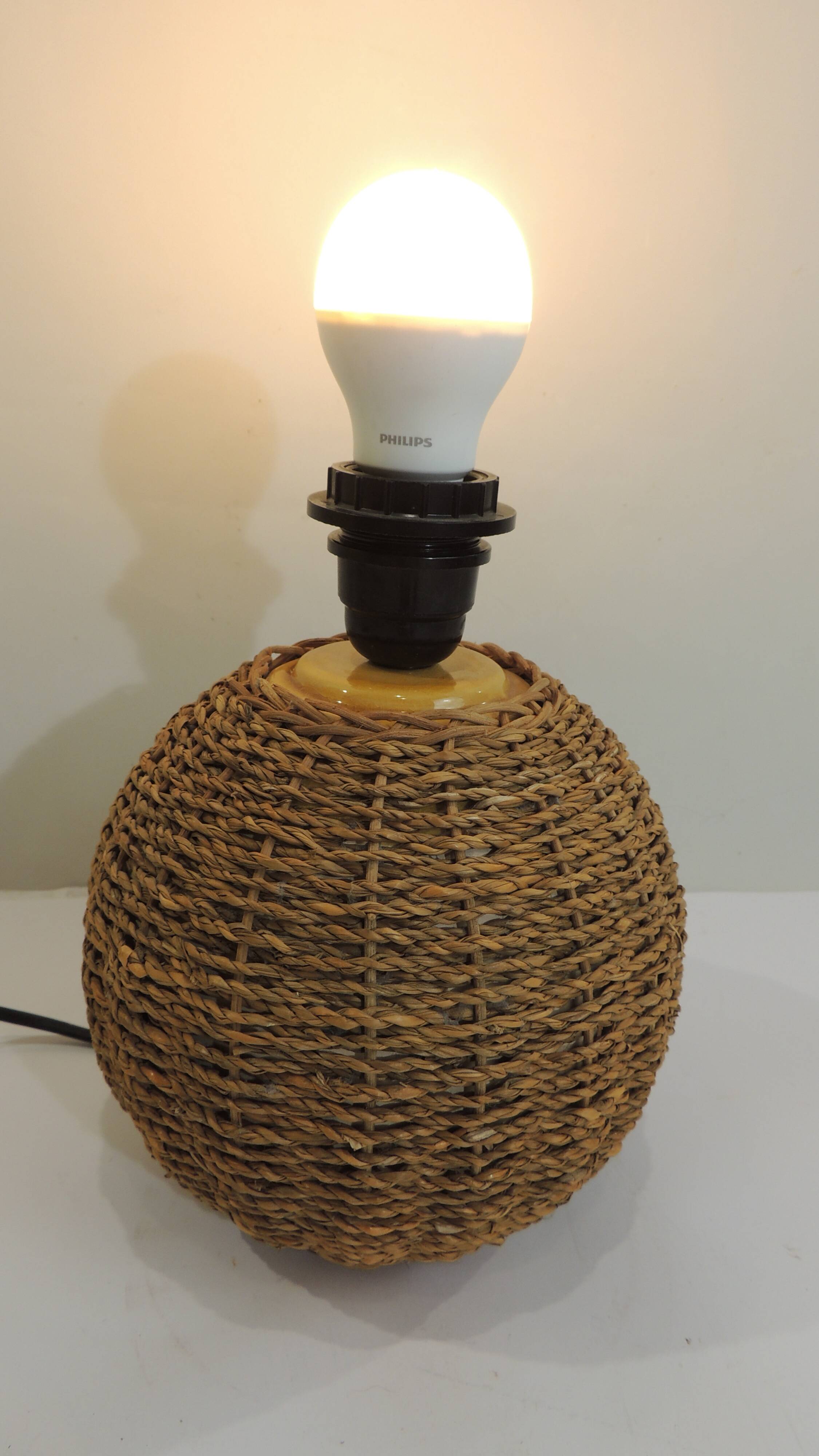 Vintage wicker and ceramic lamp – 1970s – Natural bohemian lamp