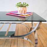 rectangular coffee table in smoked glass and chrome double trays Design 1970