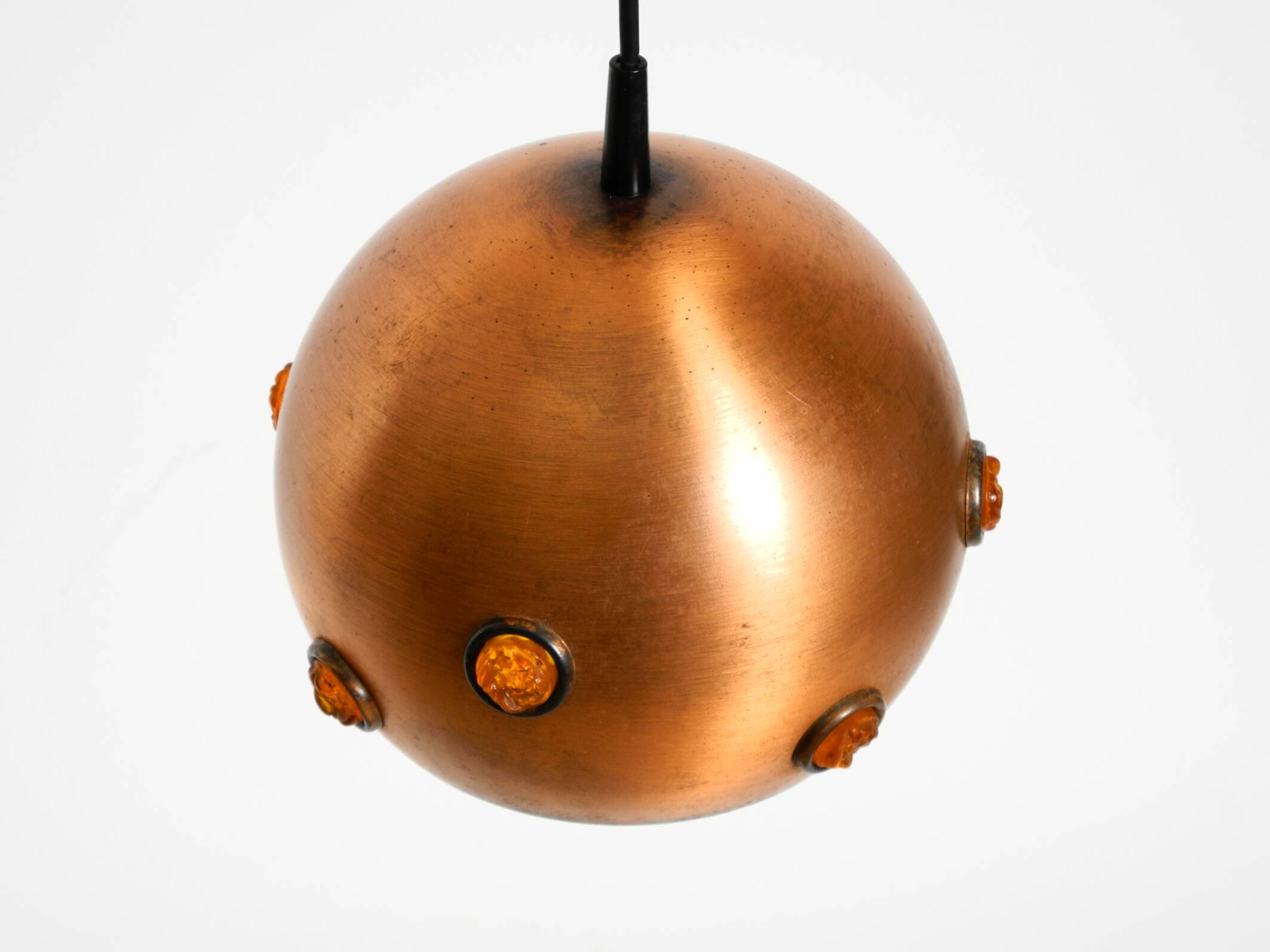 Original 1960s solid copper pendant lamp with orange synthetic glass stones