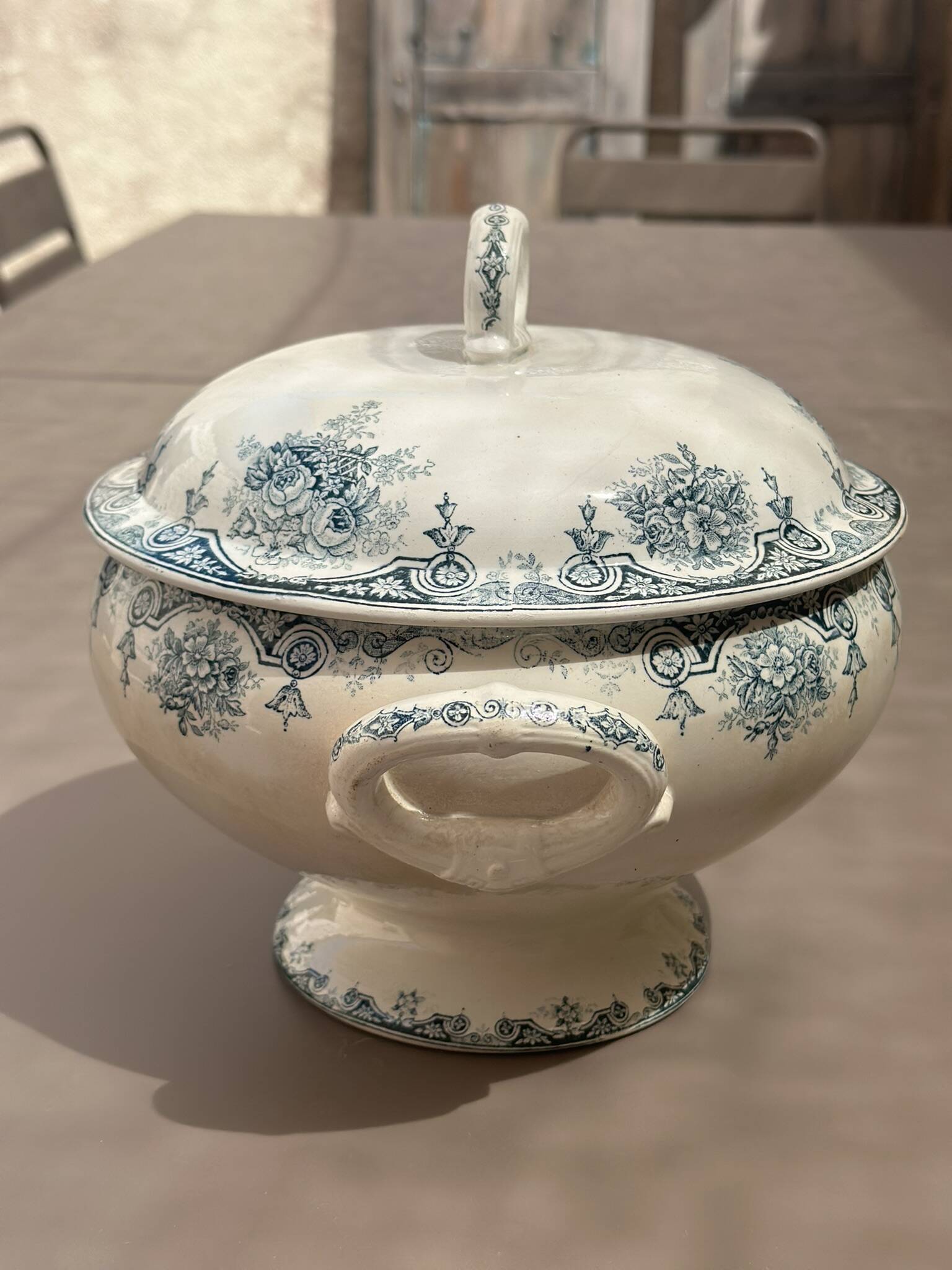 St Amandinoise Ironstone Soup Tureen, Pompadour Model, Blue Floral Decoration
