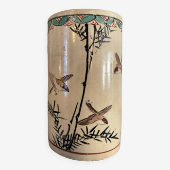 Vase Rouleau Pot à pinceaux motifs aux oiseaux céramique Signé Chine
