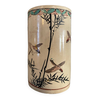 Vase Rouleau Pot à pinceaux motifs aux oiseaux céramique Signé Chine