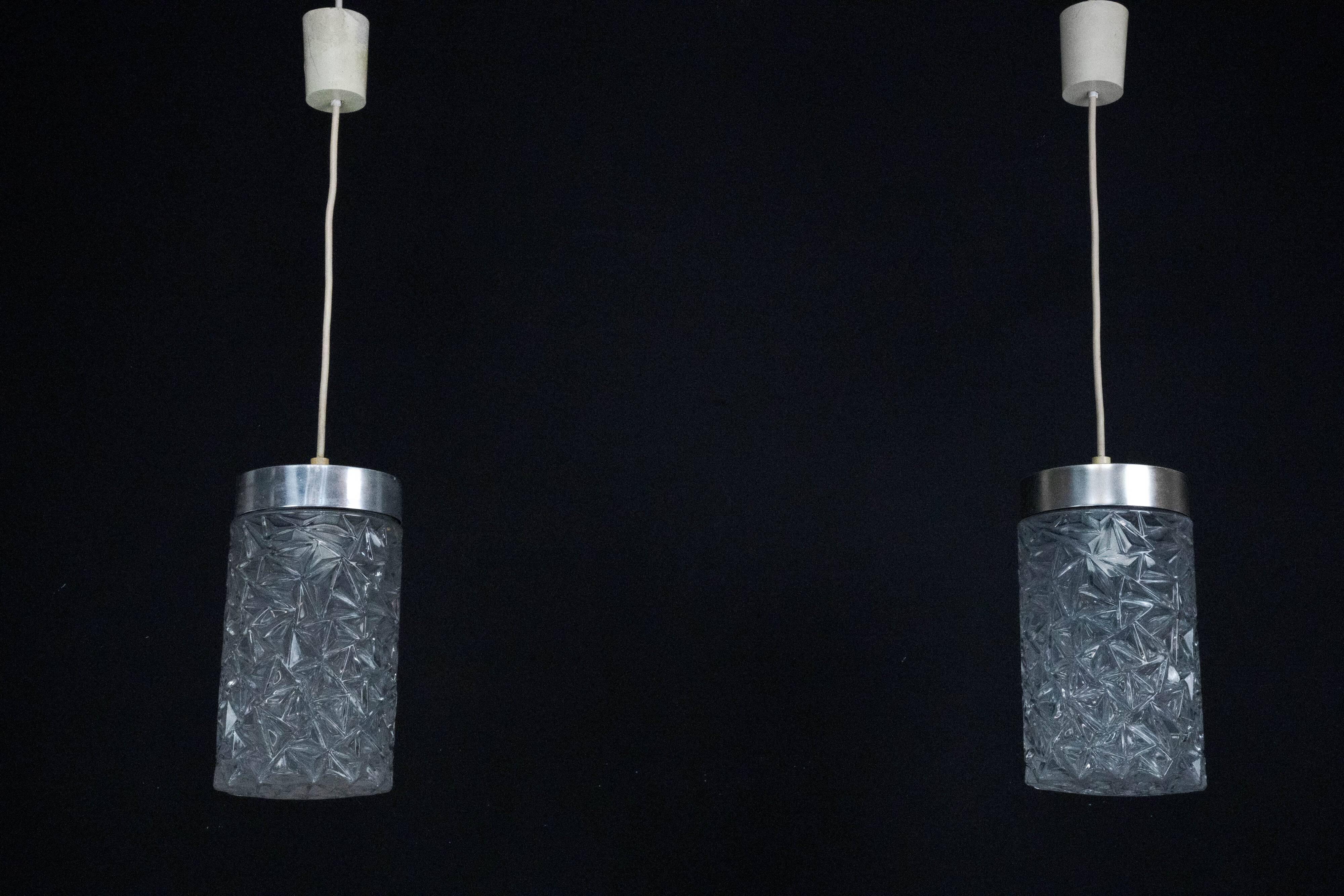 Pair of Italian Pendant Lights in Glass and Polished Aluminum, 1970s