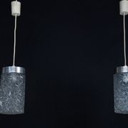 Pair of Italian Pendant Lights in Glass and Polished Aluminum, 1970s