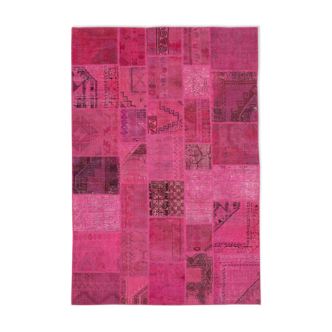 Handwoven anatolian contemporary 203 cm x 302 cm pink patchwork carpet