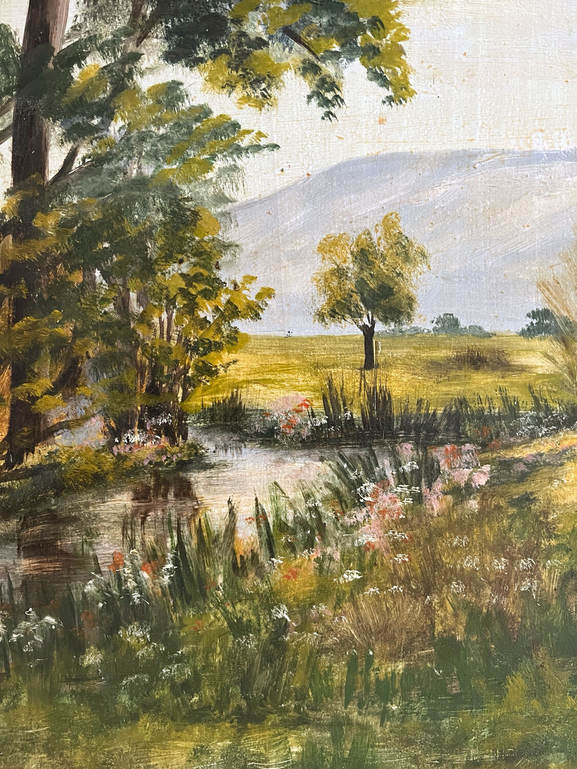 Peinture ancienne huile sur bois paysage verdoyant Joseph Guénard