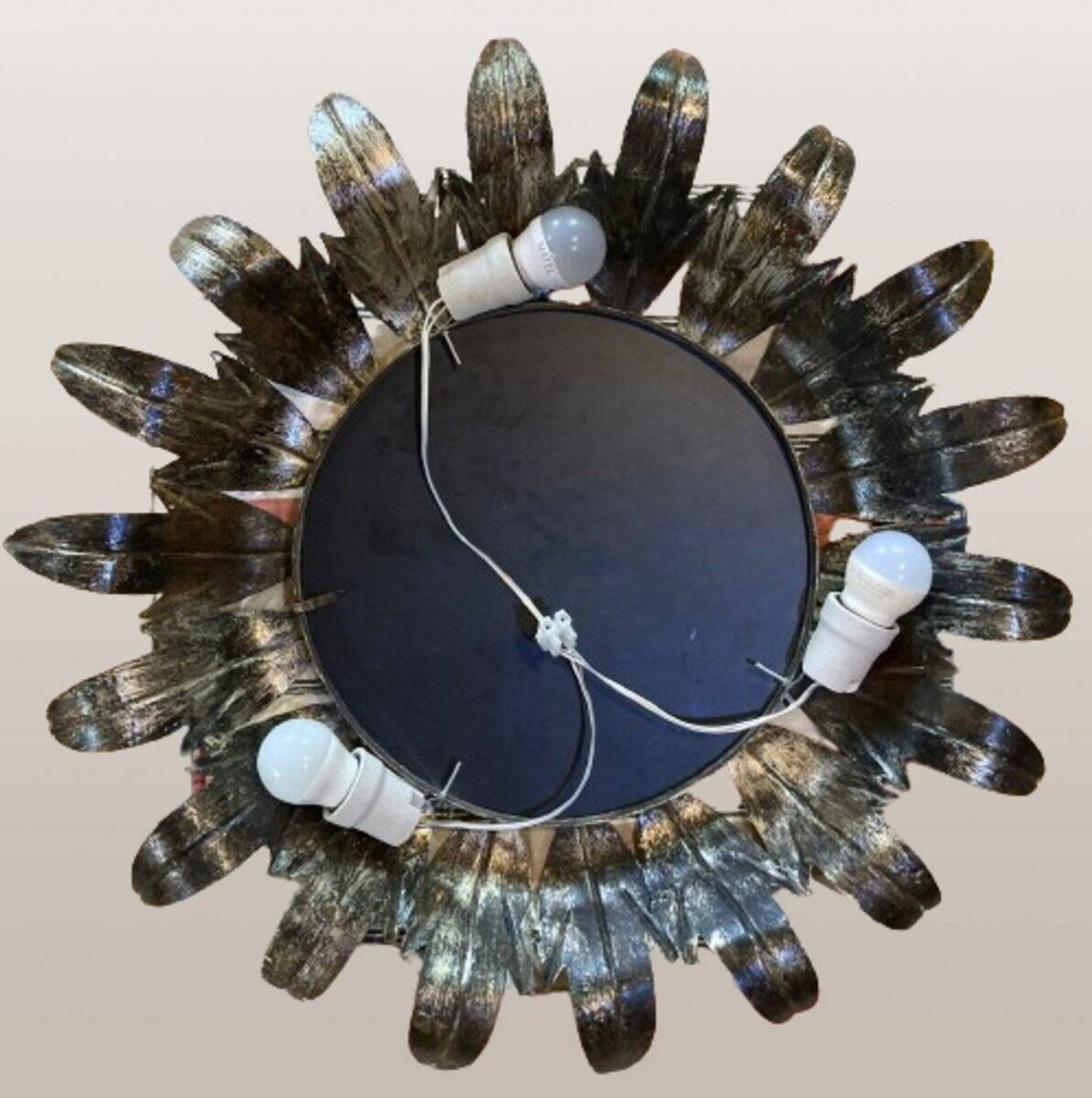 Miroir mural rond Mid-Century en fer forgé en forme de soleil, années 50