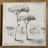 Painting signed charcoal on canvas with wooden frame “provence umbrella pines”