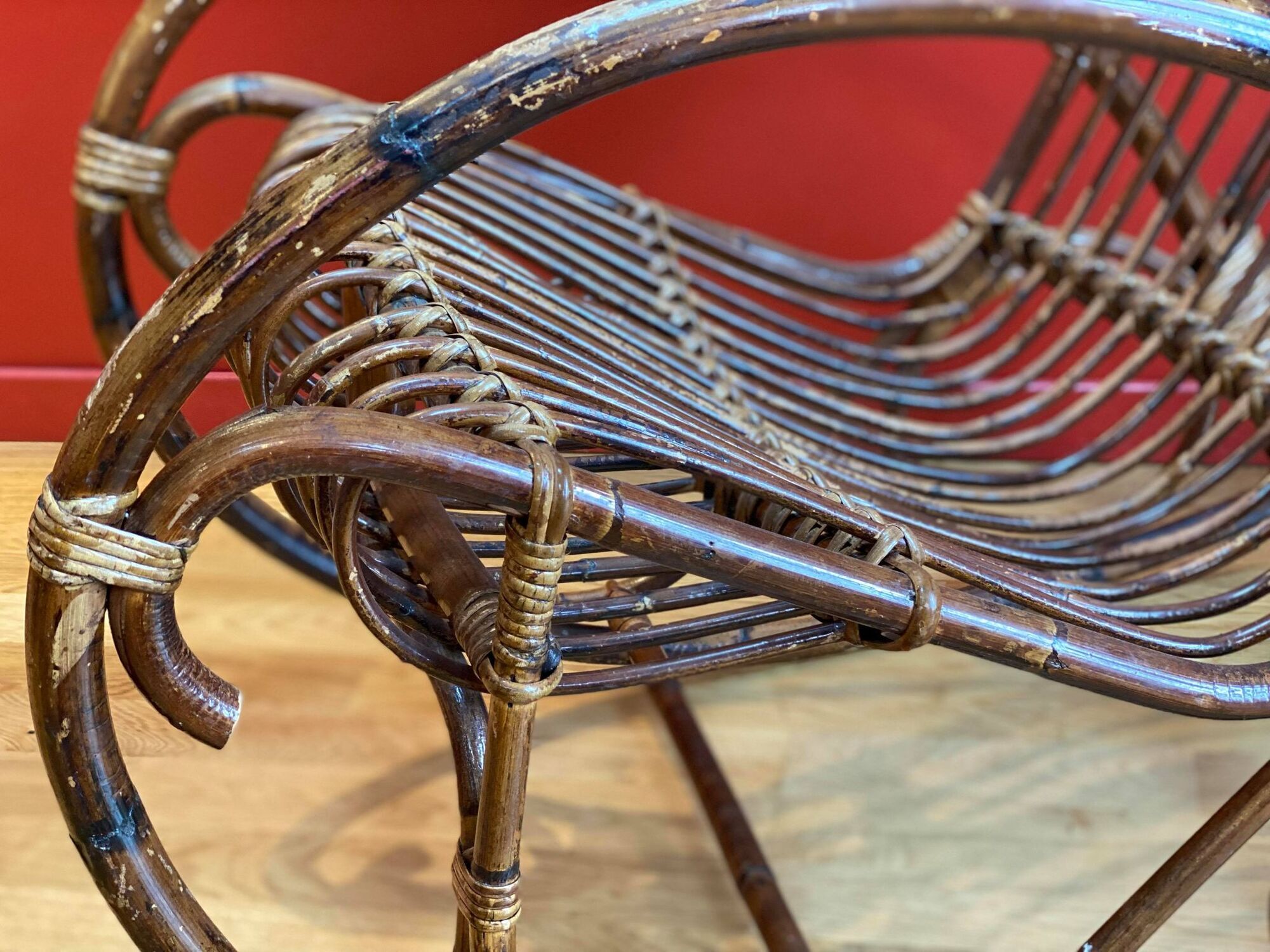 Vintage rocking chair, 60's, rattan and bamboo Rohé Noordwolde