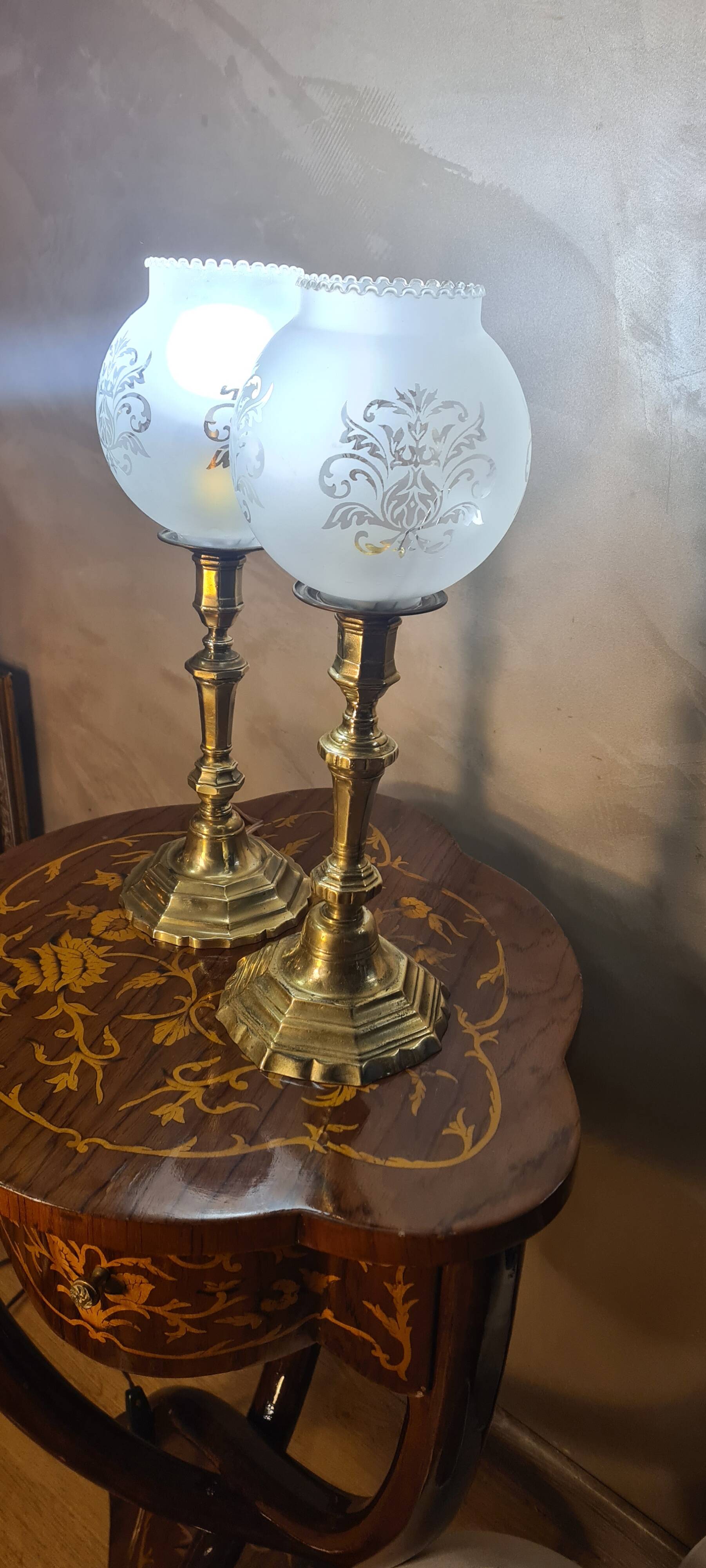 pair of art deco brass lamps with opaque etched glass 39x12
