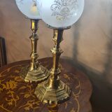 pair of art deco brass lamps with opaque etched glass 39x12