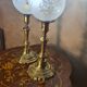 pair of art deco brass lamps with opaque etched glass 39x12