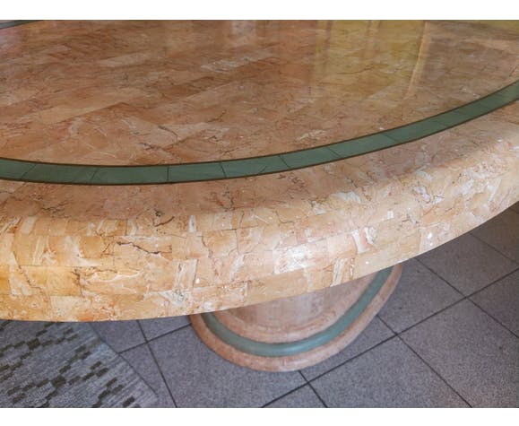 Ovoid table in pink and green travertine, circa 1975