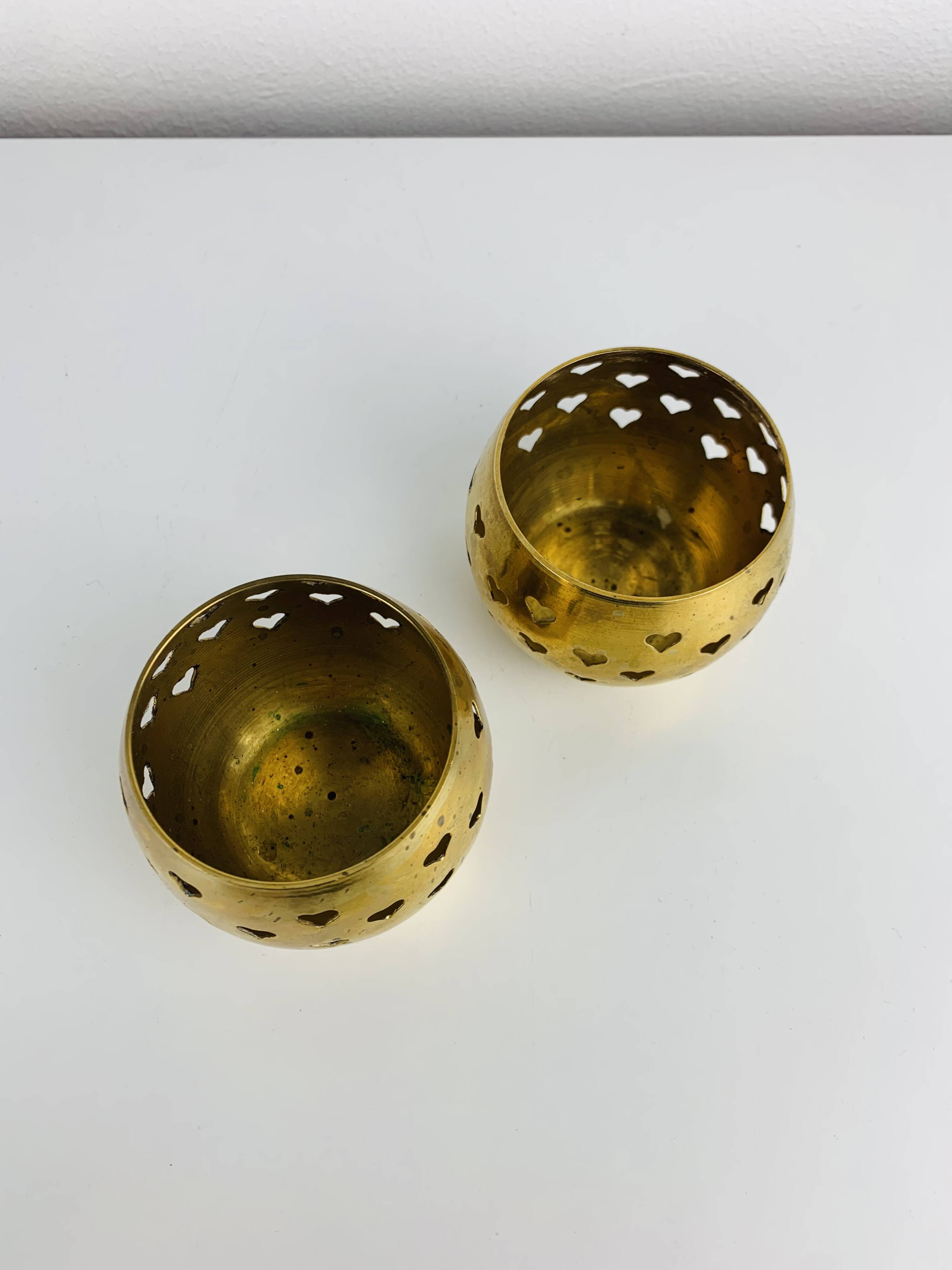 Pair of vintage openwork brass candle holders/votive candlesticks, gilded