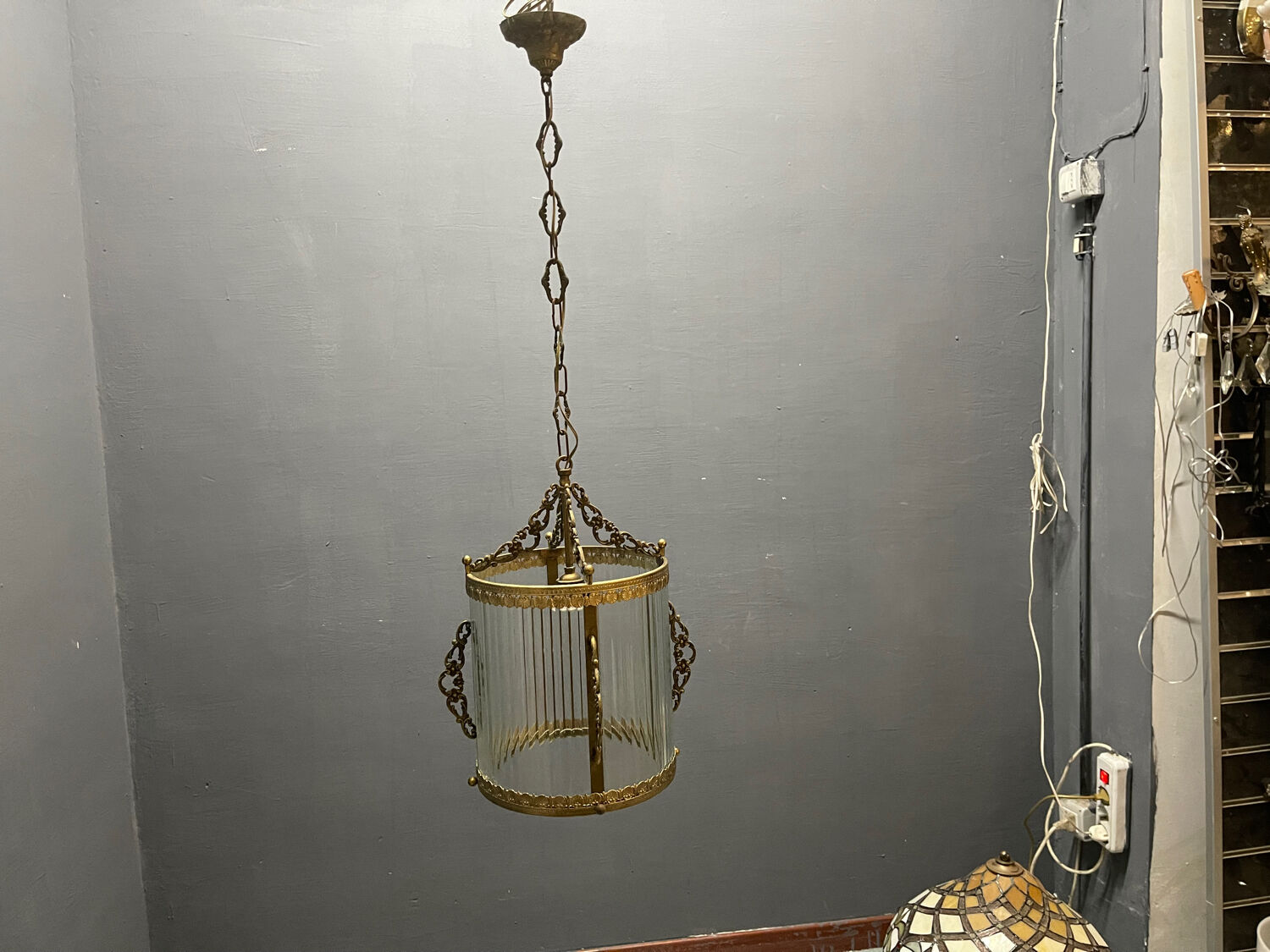 Brass Ribbed Glass Light Pendant 1950’s