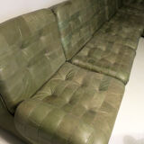 Patchwork olive green leather modular sofa set, 1970s