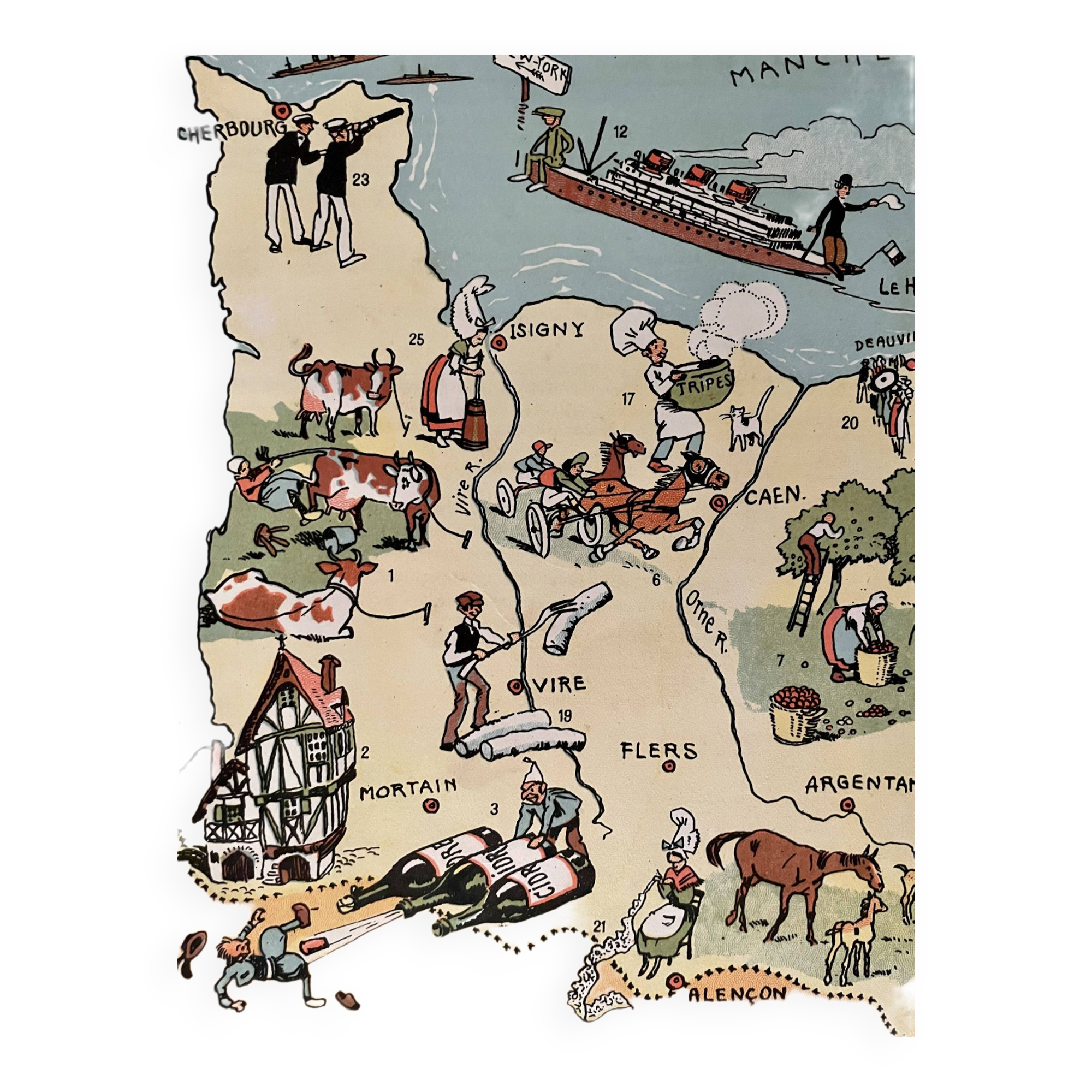 Affiche ancienne carte illustrée de la Normandie 1939 - JP Pinchon