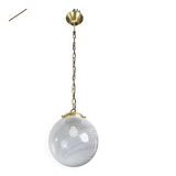 Italian Mid-Century Pendant Light with Optic Spiral Glass Globe and Restore Bras