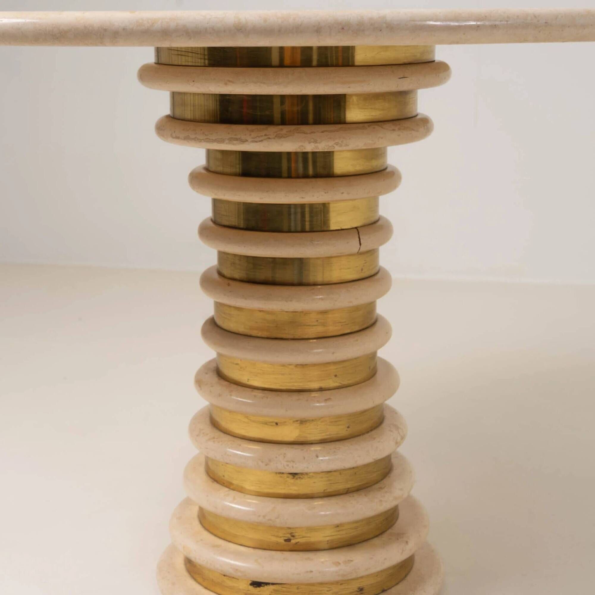 Italian Travertine and Brass Pedestal Dining Table Attributed to Marzio Cecchi for Studio Most, Italy,