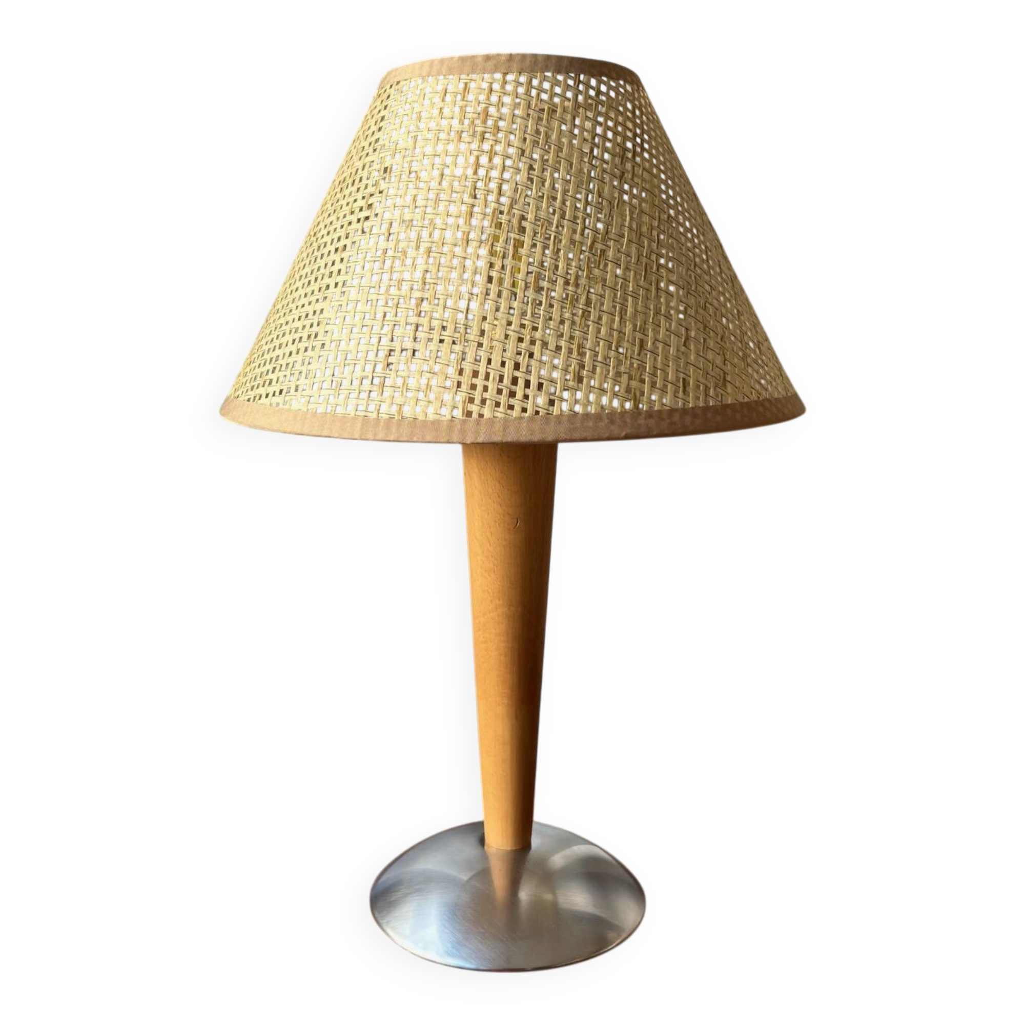 Lampe chrome & bois, abat-jour esprit osier