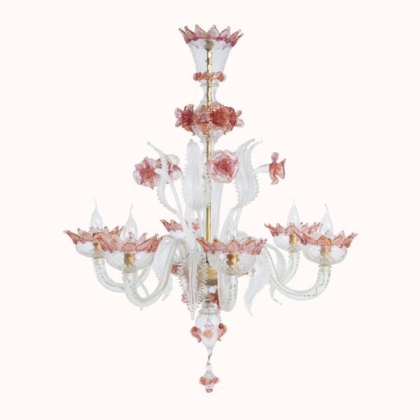 Lustre vénitien à 6 lumières en verre de Murano blanc et rose