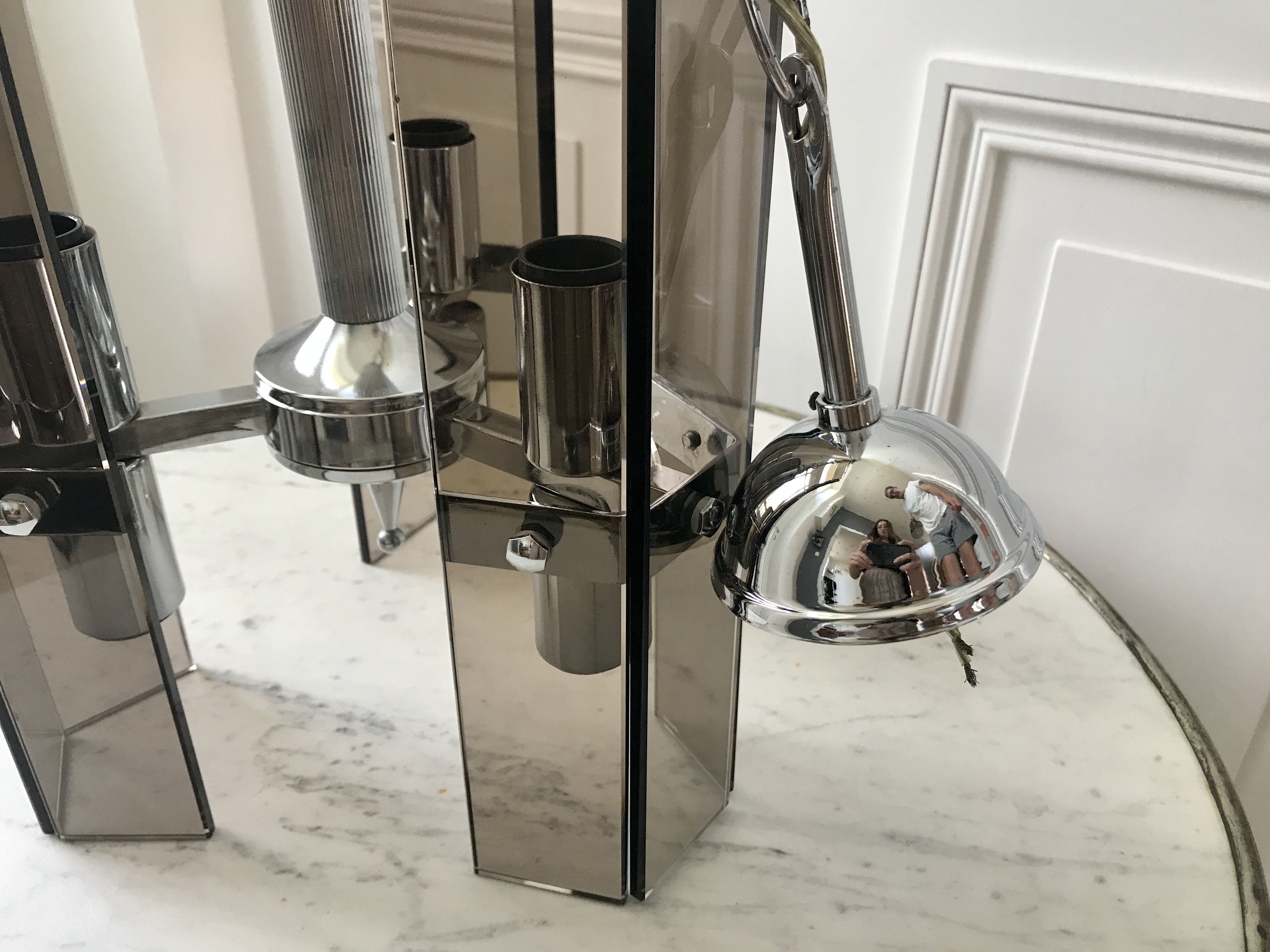Chrome metal pendant lamp and smoked glass futuristic style 70s
