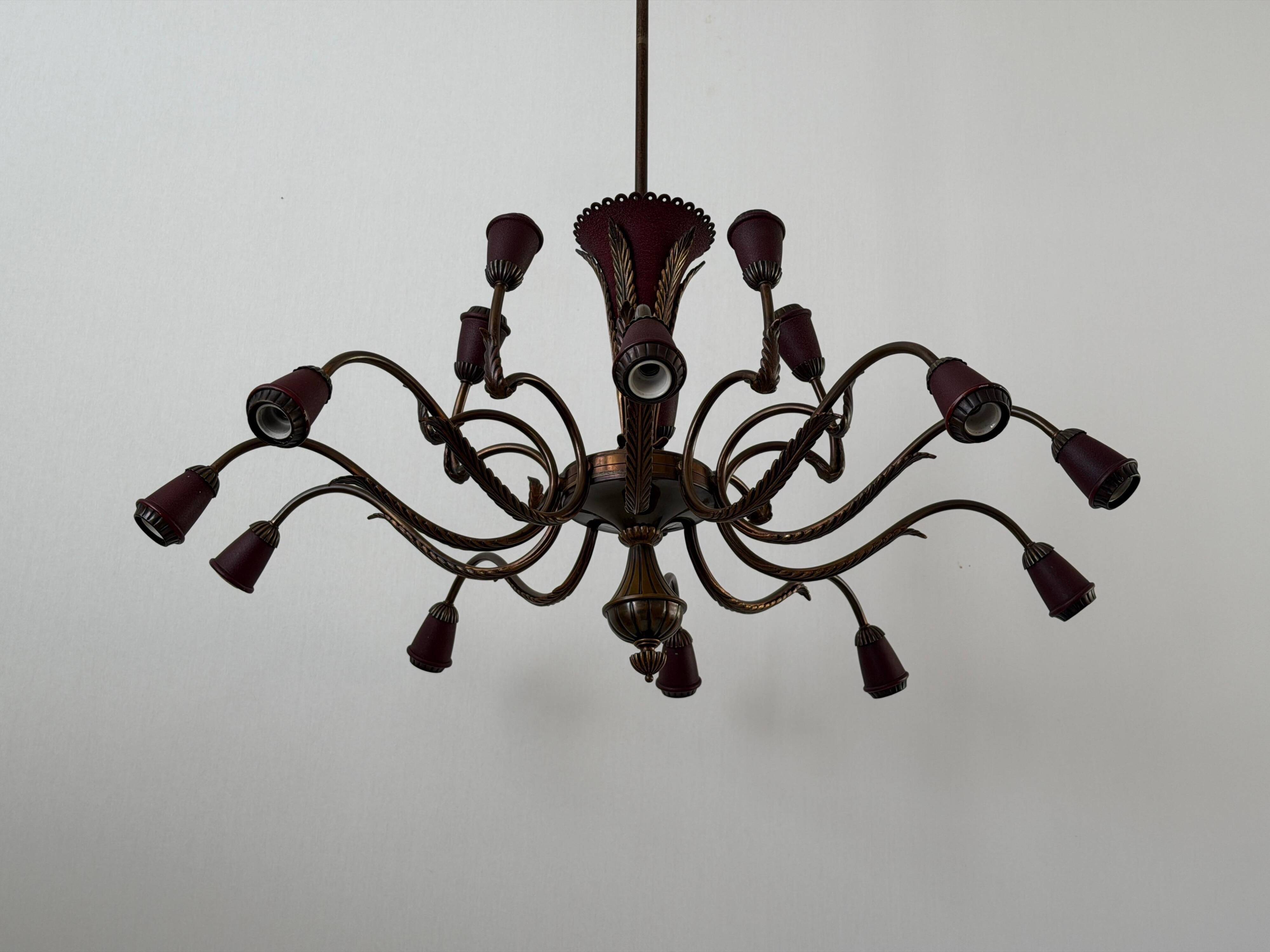 Large Burgundy brass chandelier with 15 arms, 1950, Italy