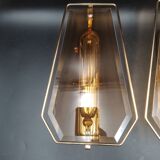 Triple vintage wall lights in brass and beveled glass to be electrified E14