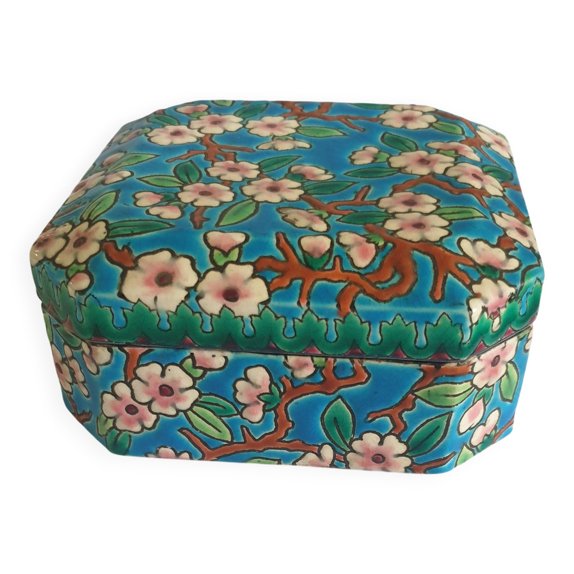 Longwy Enamels Cut Corner Bonbonnière Box with Floral Decoration