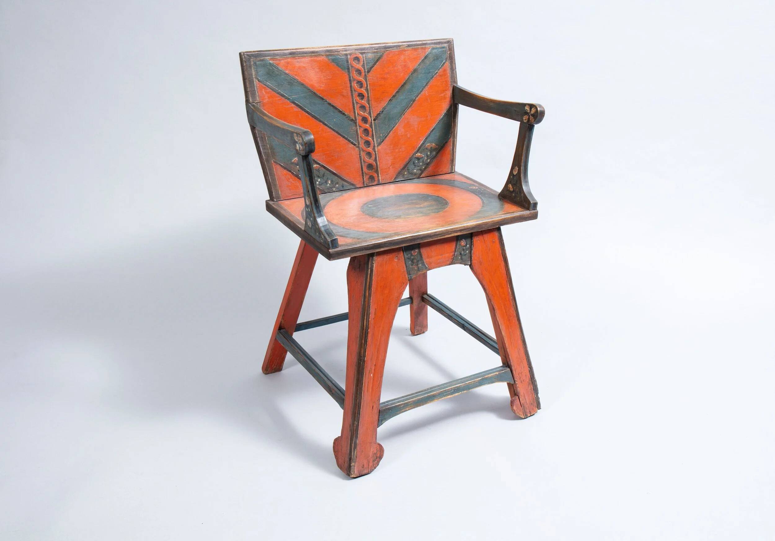 Pine chair from the 1940s with recent trompe l'oeil paint.