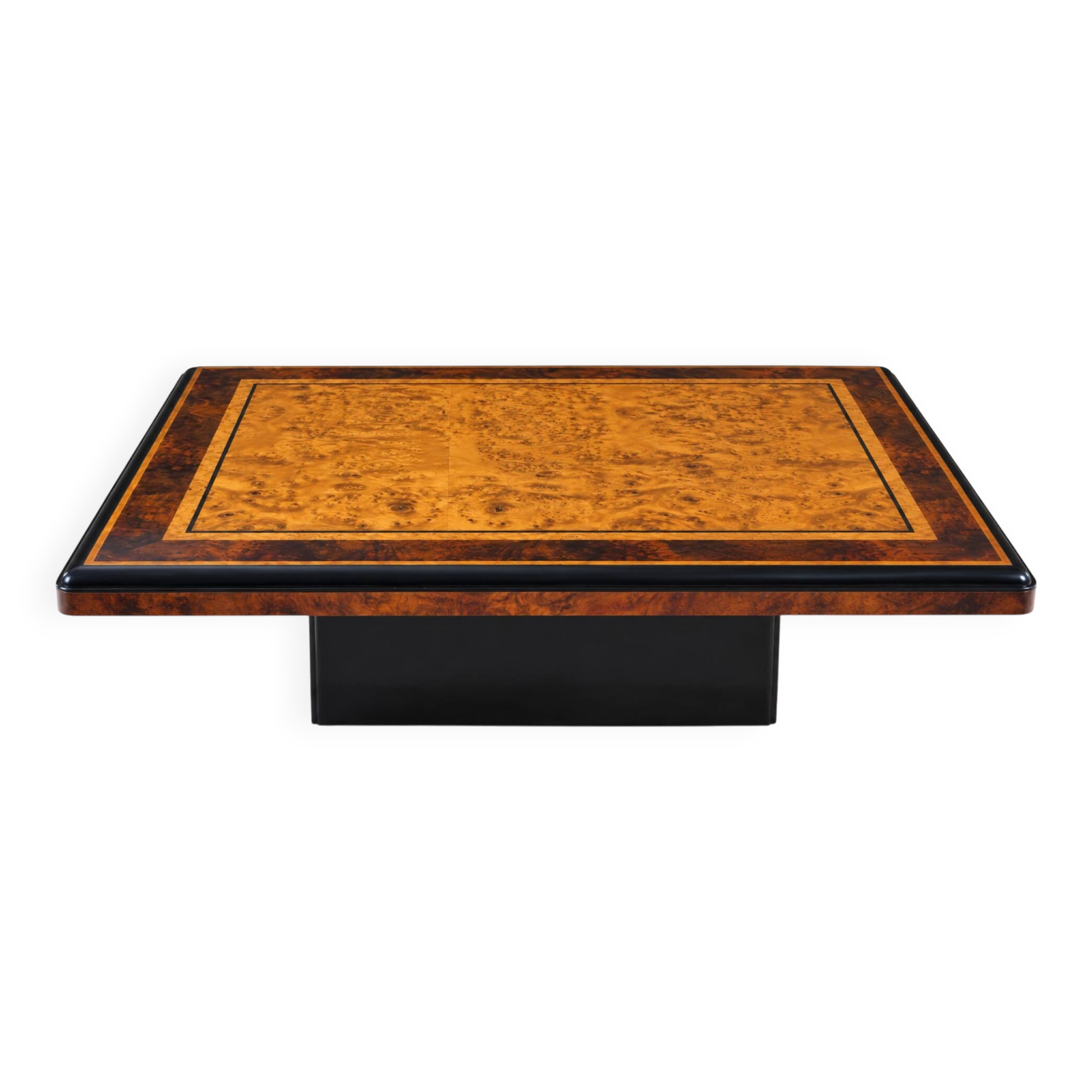 Table basse vintage en loupe d’orme et noyer, laque noire – années 70