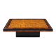 Table basse vintage en loupe d’orme et noyer, laque noire – années 70