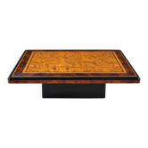 Vintage coffee table in elm burl and walnut, black lacquer – 1970s