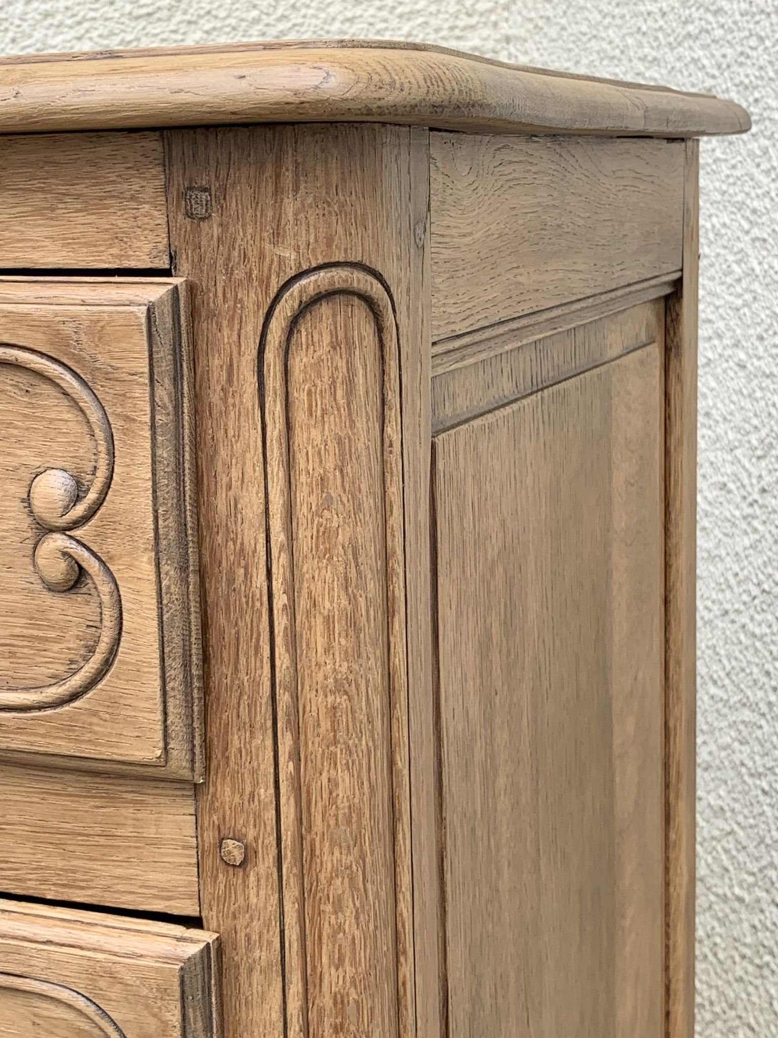 Louis XV style chest of drawers, solid raw oak, 1920.