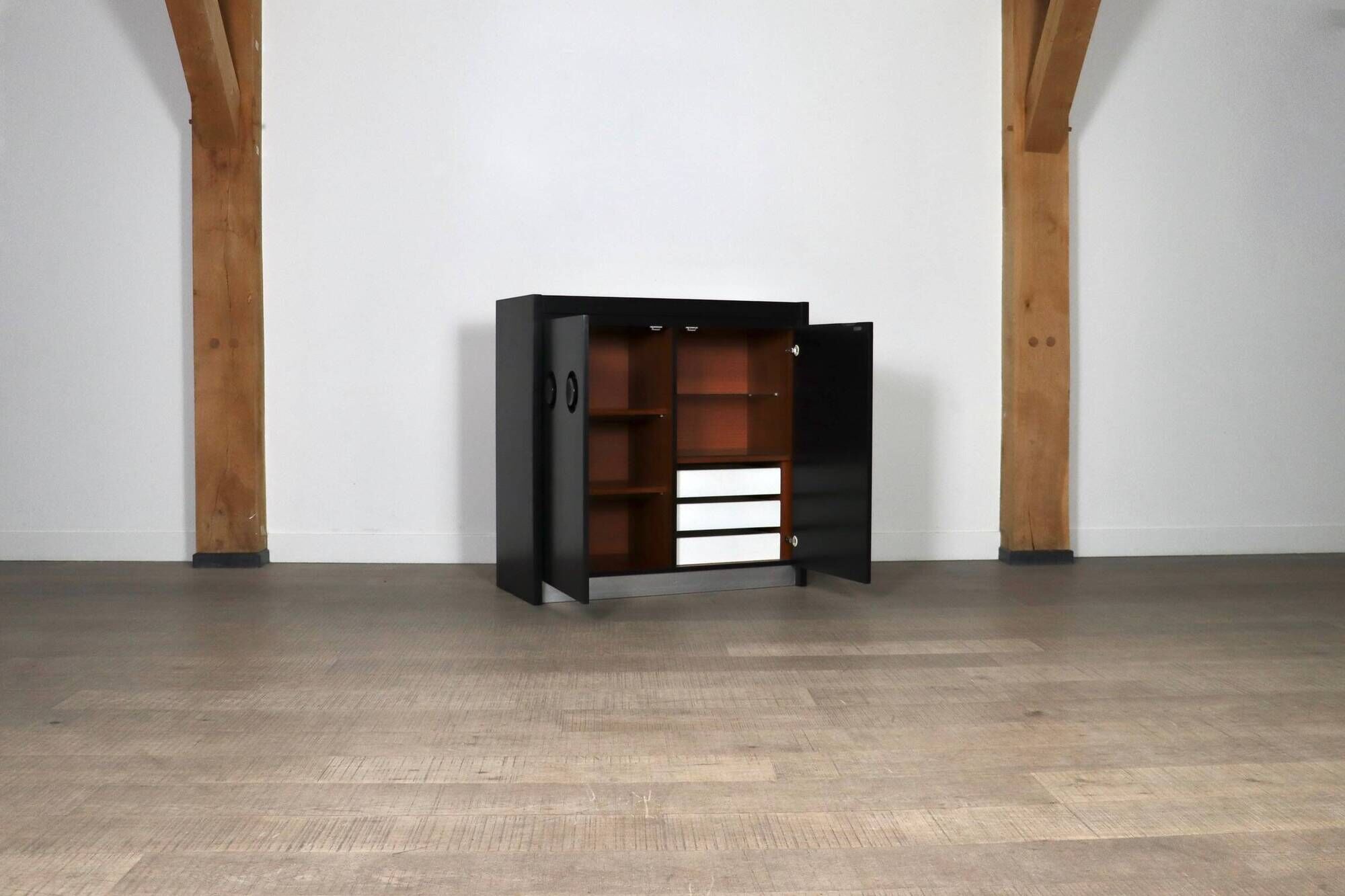 Midcentury Modern Brutalist Highboard Bar Cabinet In Black Lacquered Wood And Chrome, Belgium 1970s
