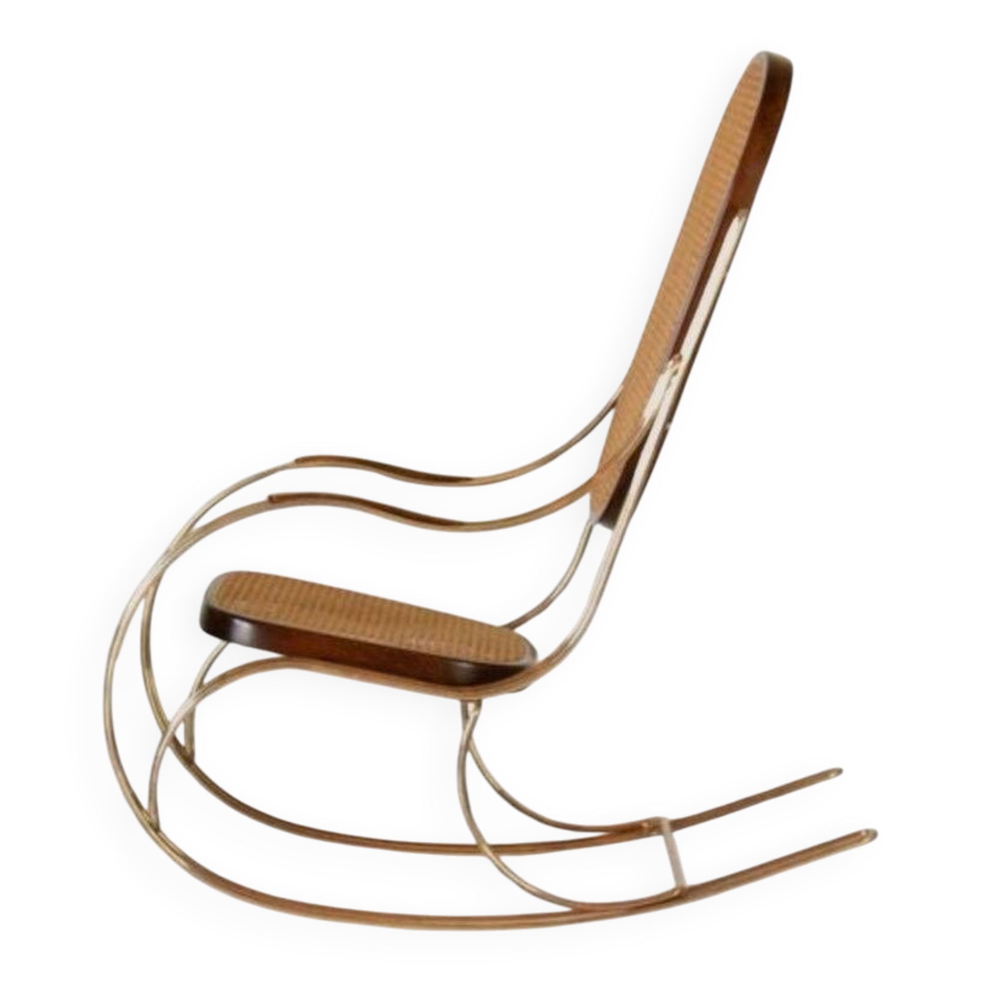 1970s Thonet-Style Rocking Chair, Brass & Wicker