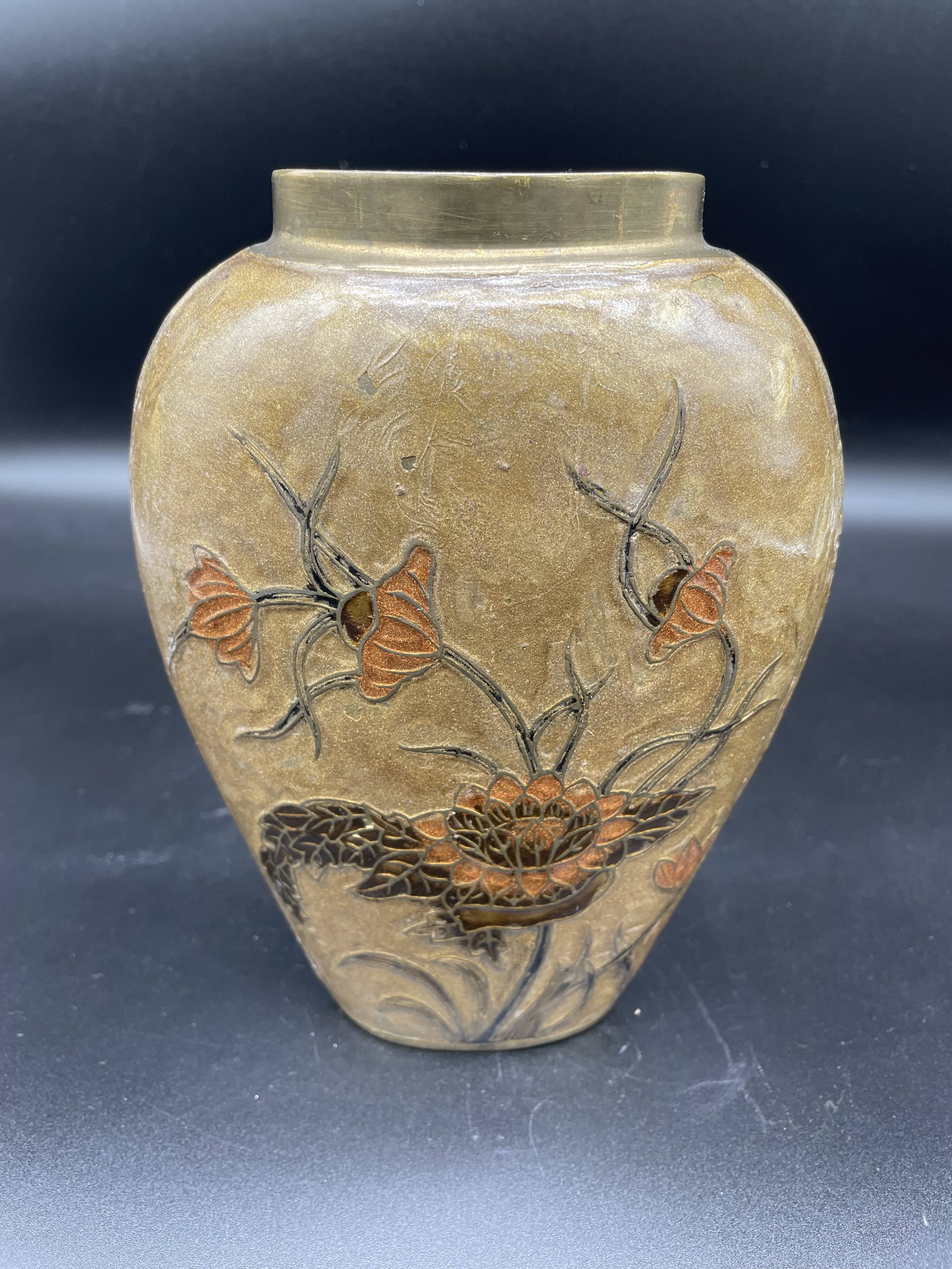 Vase, oblong shape, solid brass, bronze color, cloisonné enamel, floral decoration, flower, orange
