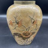 Vase, oblong shape, solid brass, bronze color, cloisonné enamel, floral decoration, flower, orange