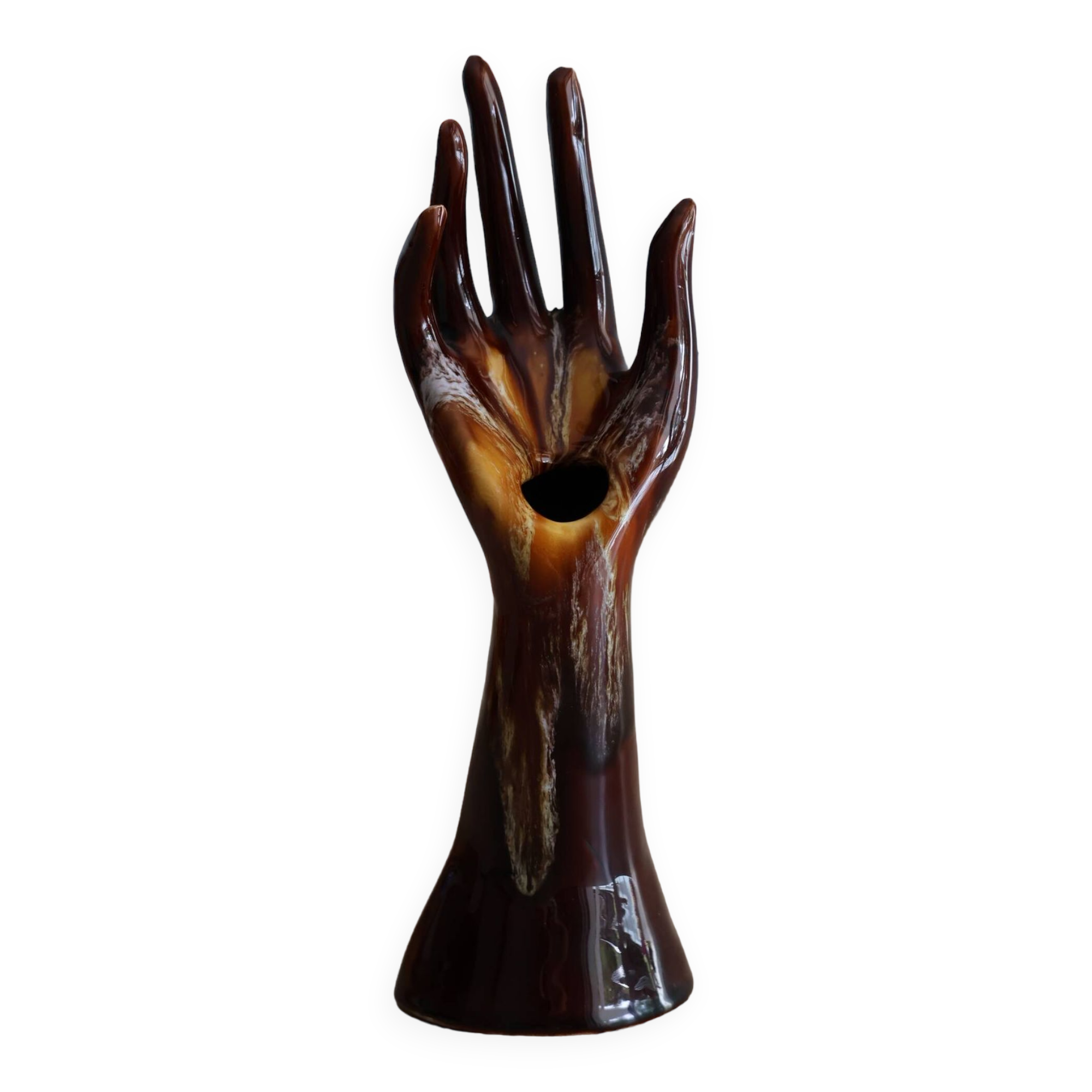 Main baguier ou vase soliflore années 70 en céramique émaillée
