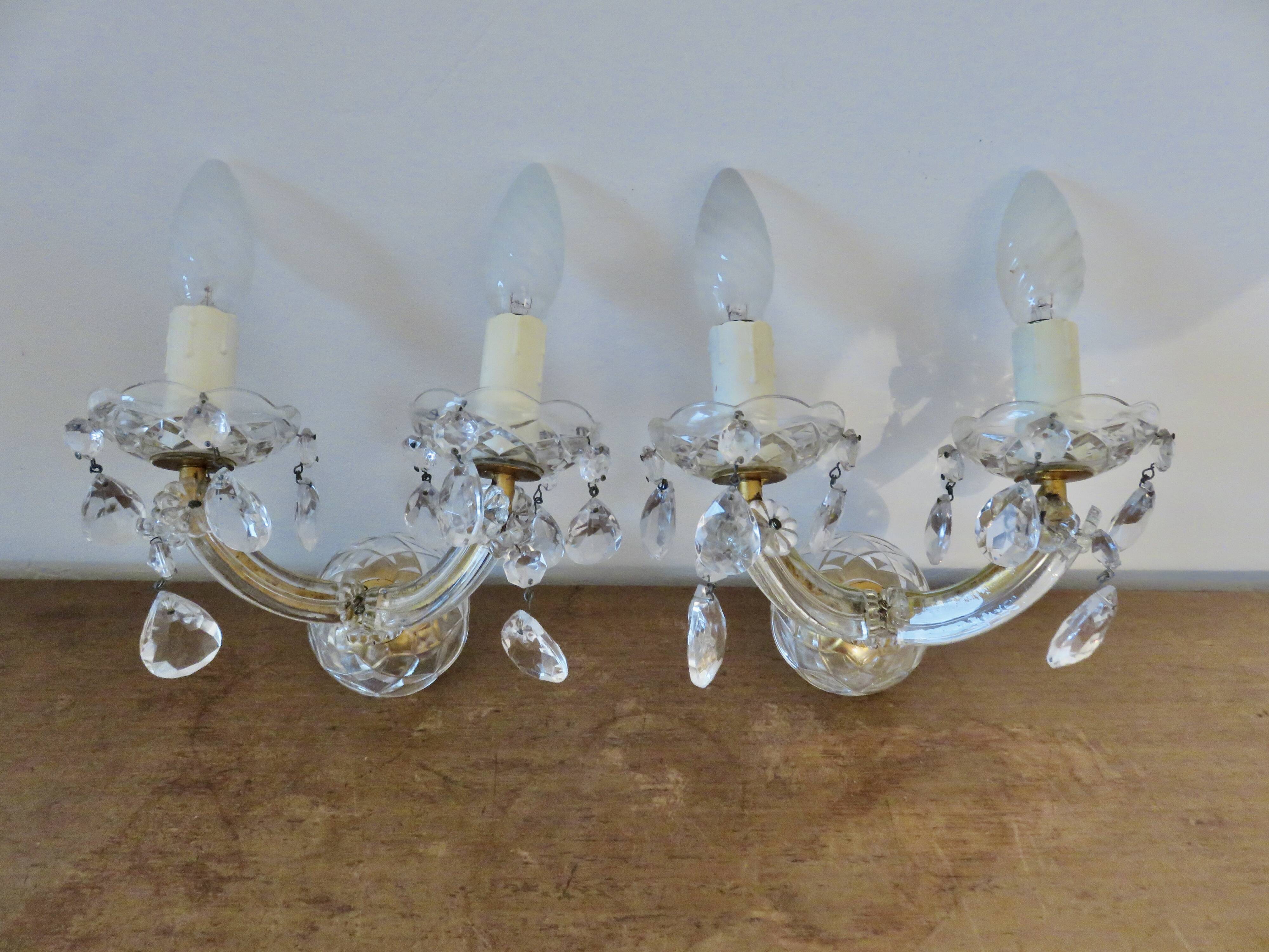 pair of double wall sconces with crystal pendants, made in Italy