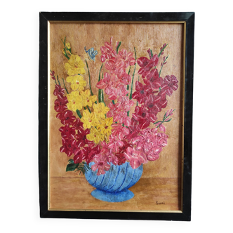 Vintage French oil painting of gladioli flowers, signed Geori, 1973