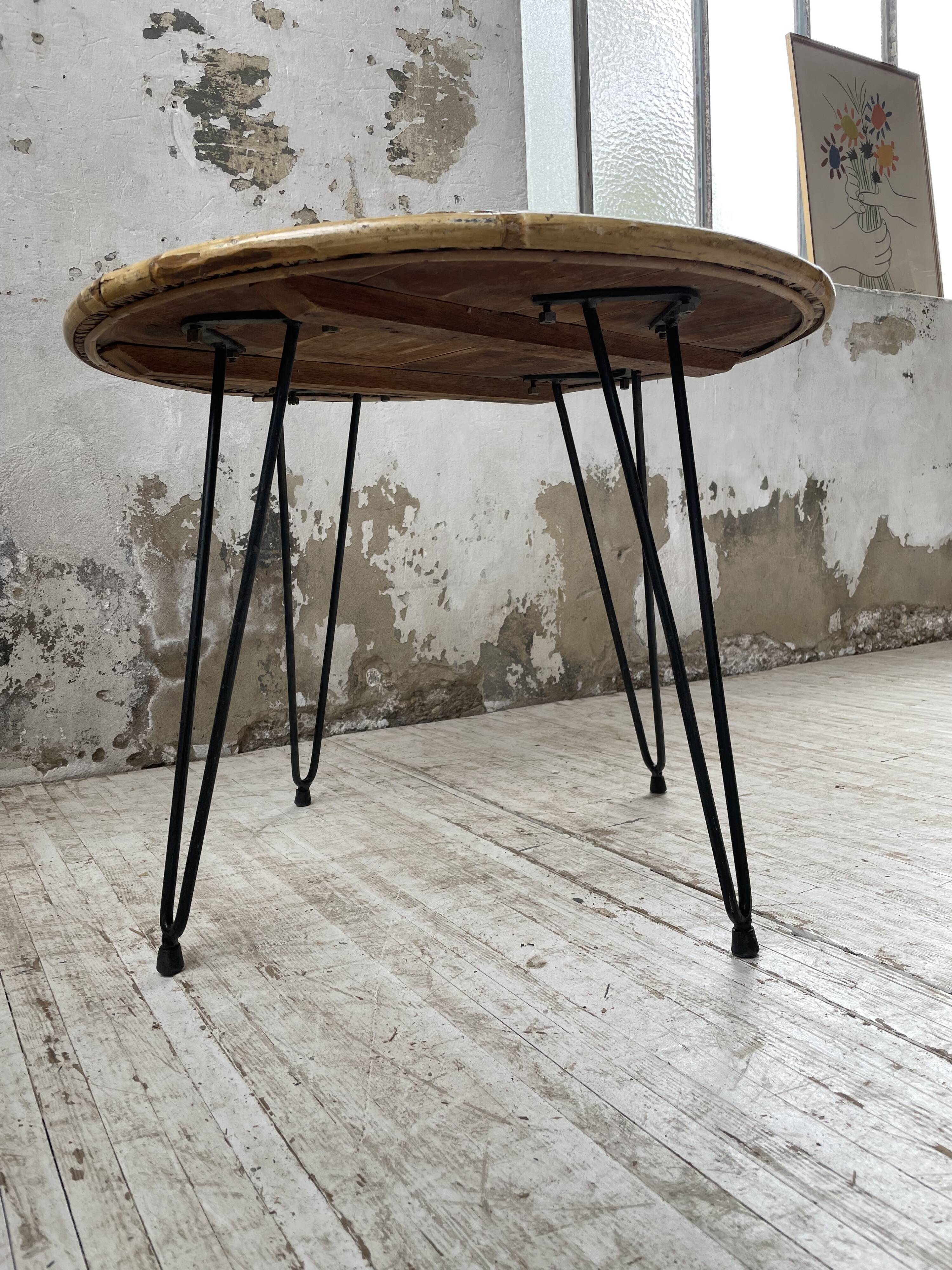 Wicker and metal coffee table from the 1950s