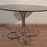Table basse italienne du milieu du siècle en chrome et acier avec plateau rond en verre fumé, années 1960