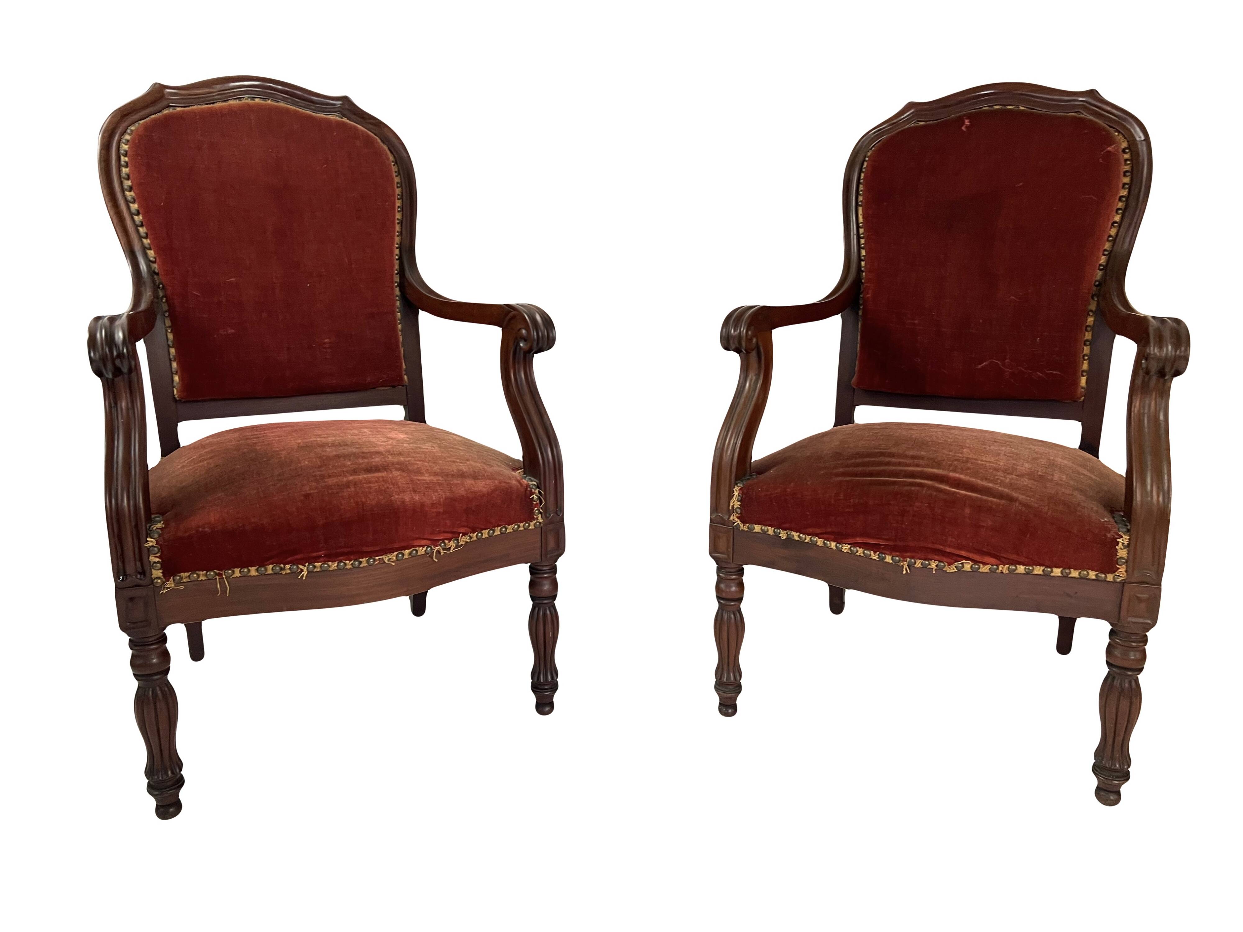 Pair of Louis Philippe armchairs in solid mahogany