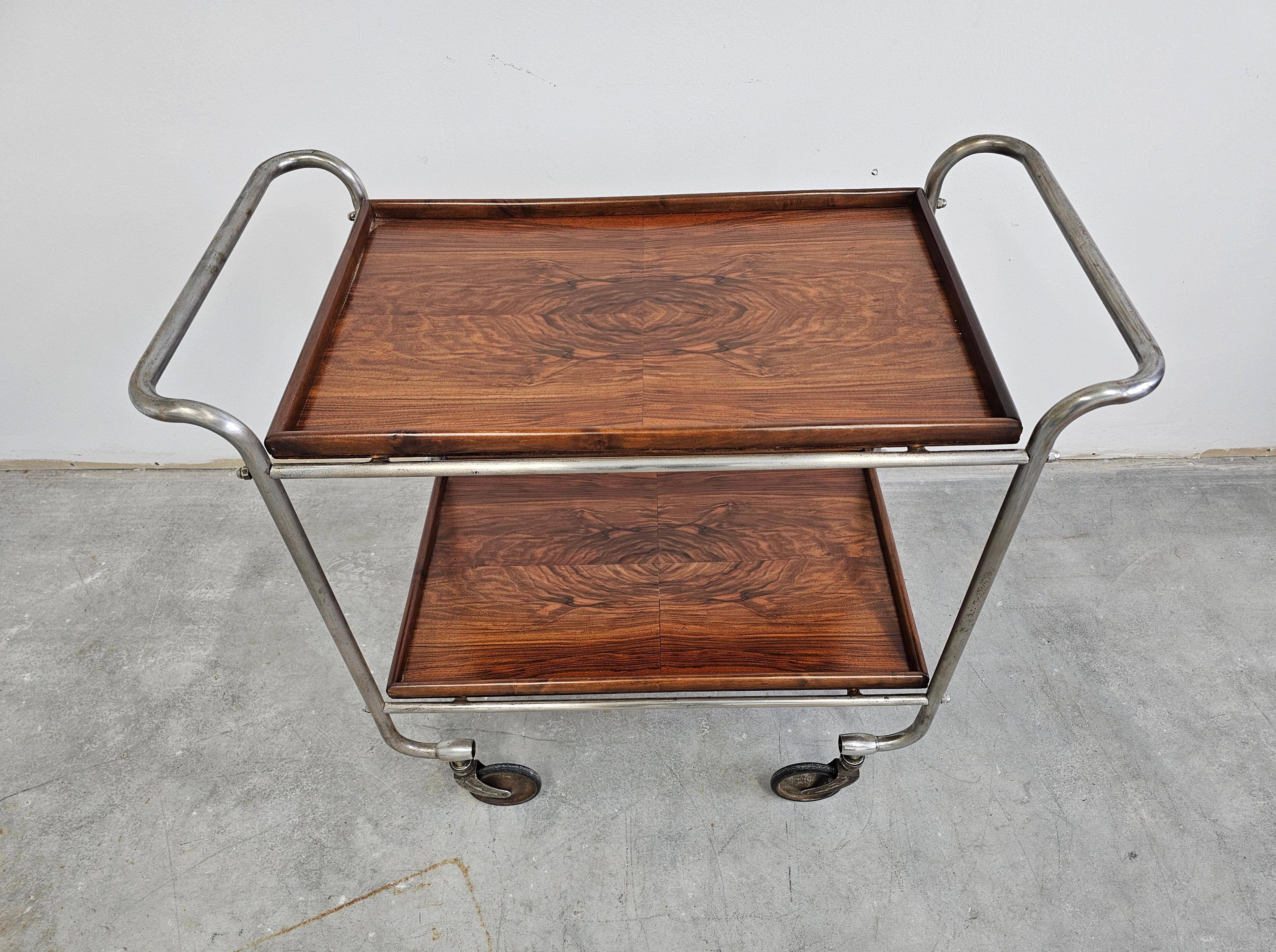 Bauhaus bar cart in walnut root veneer and steel
