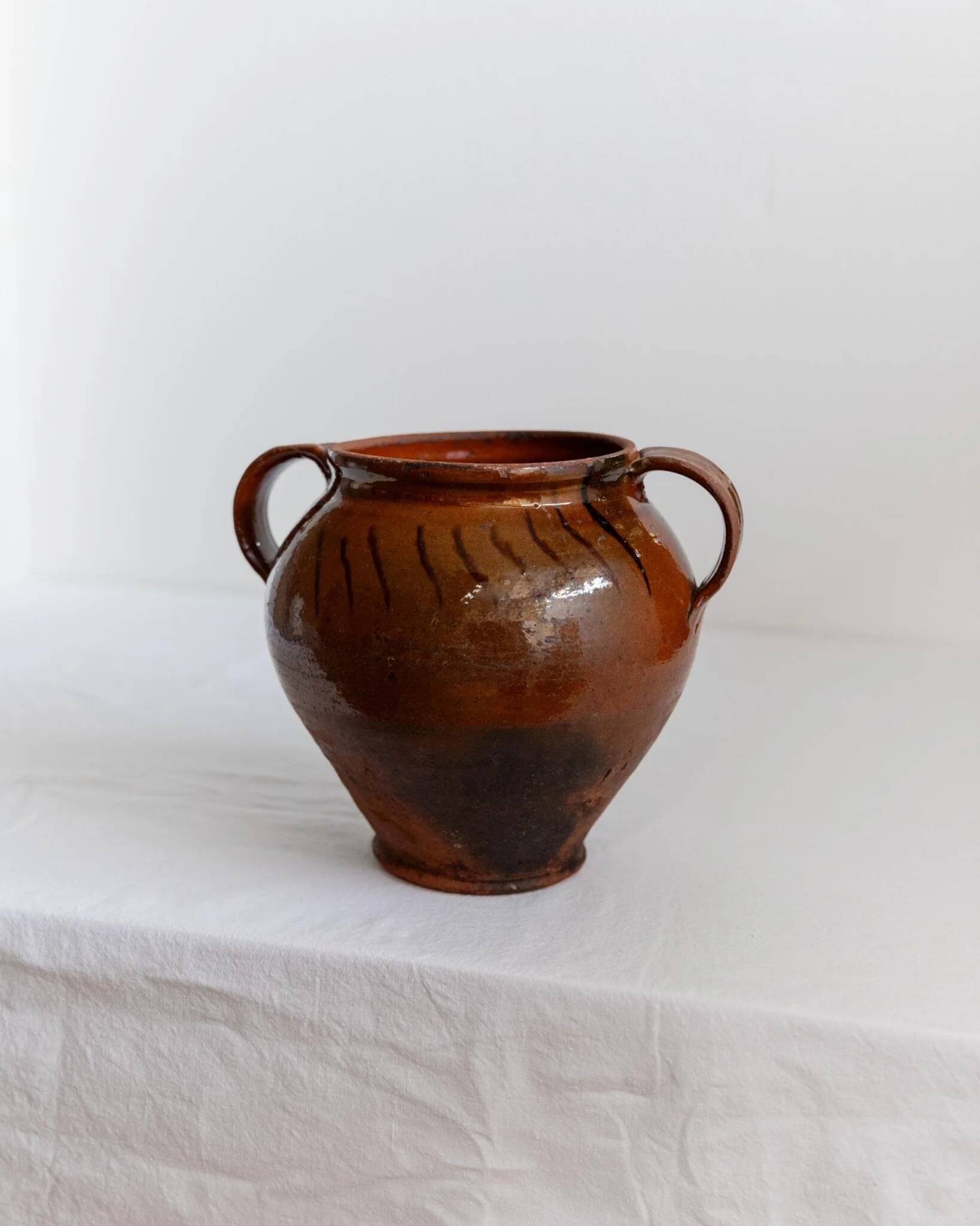 Antique rustic brown terracotta ceramic confit pot with twin handles, 19th-century Italy, farmhouse vase decor