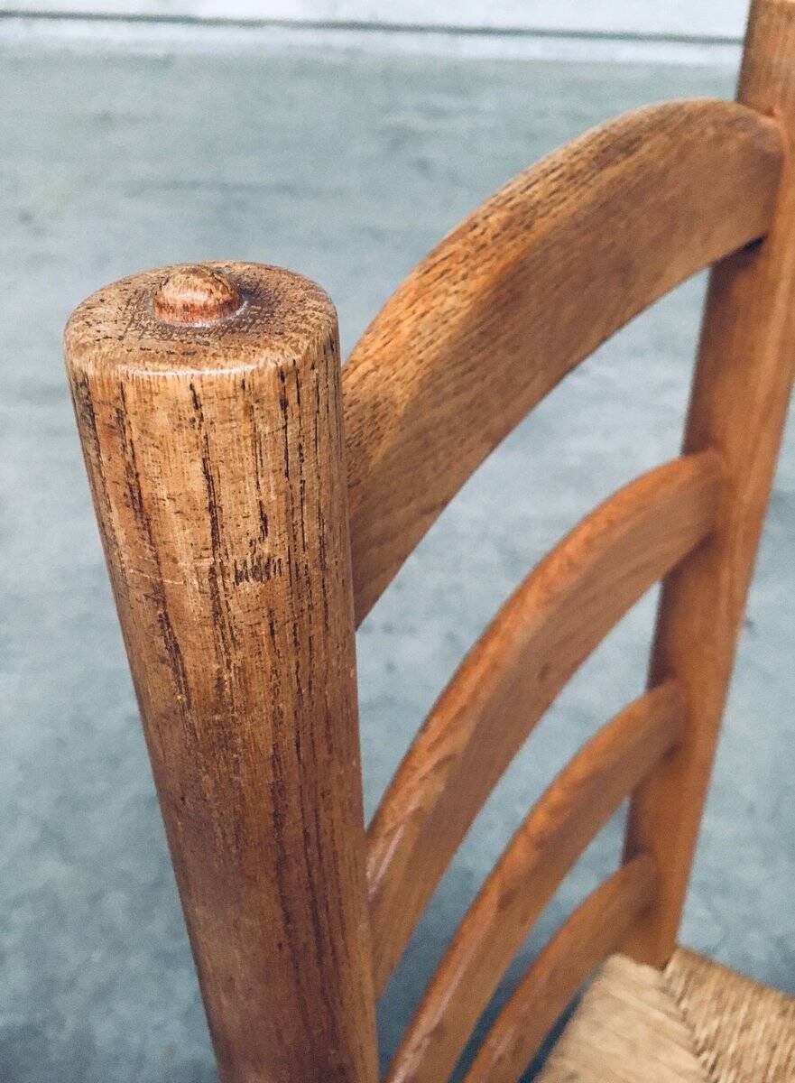 Rustic Oak and Rush High Ladder Back Dining Chairs, Belgium, 1950s, Set of 6
