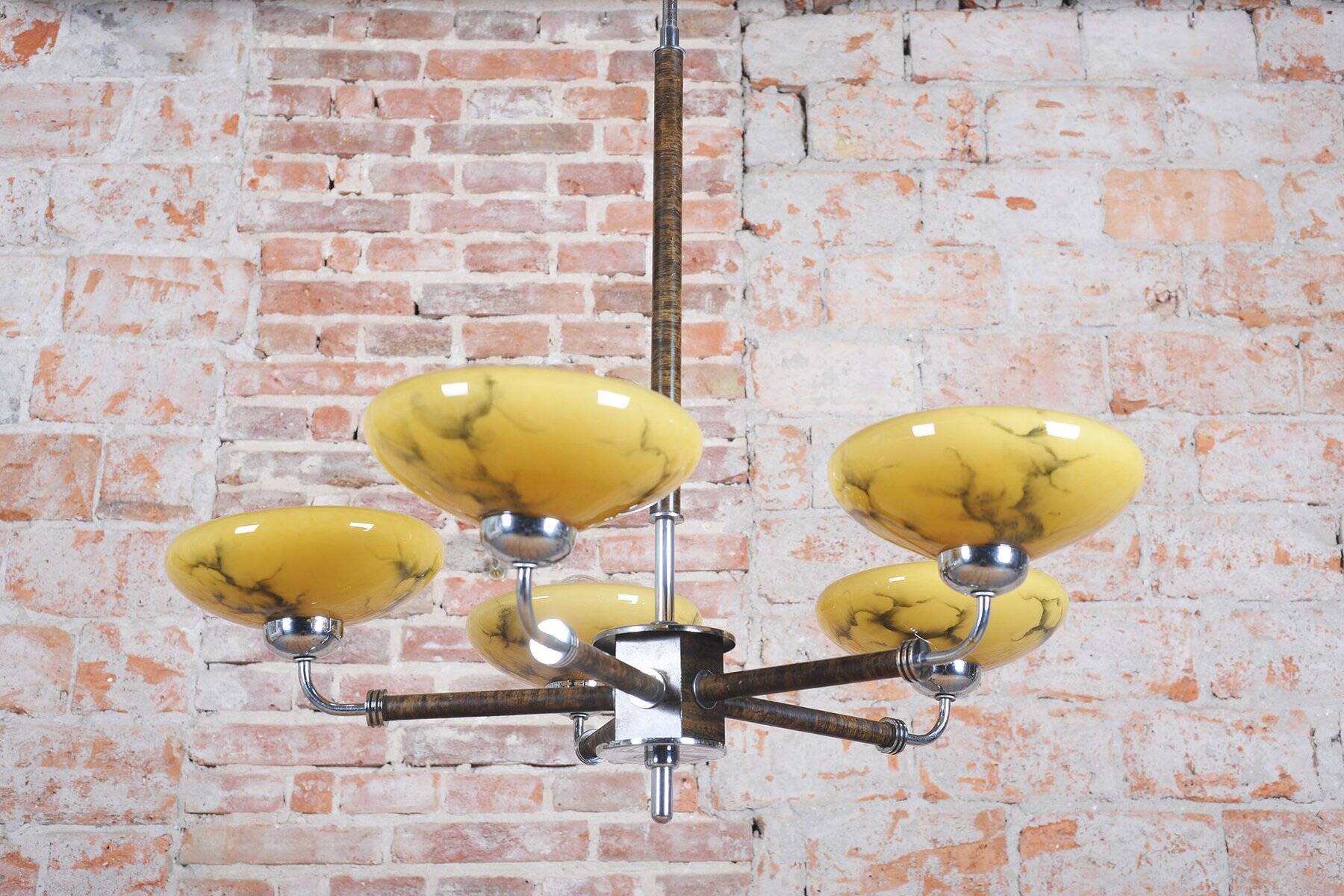 Art Deco Chandelier in Chrome, Beech, Walnut and Glass, Czech, 1920s