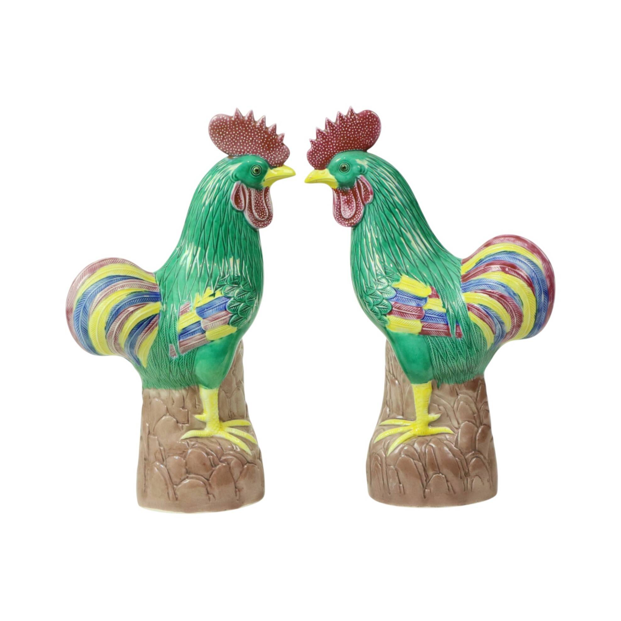 Pair of Glazed Polychrome Roosters Chinese Porcelain 34cm