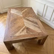 Large coffee table made of solid sheesham wood, with a diamond point marquetry top.